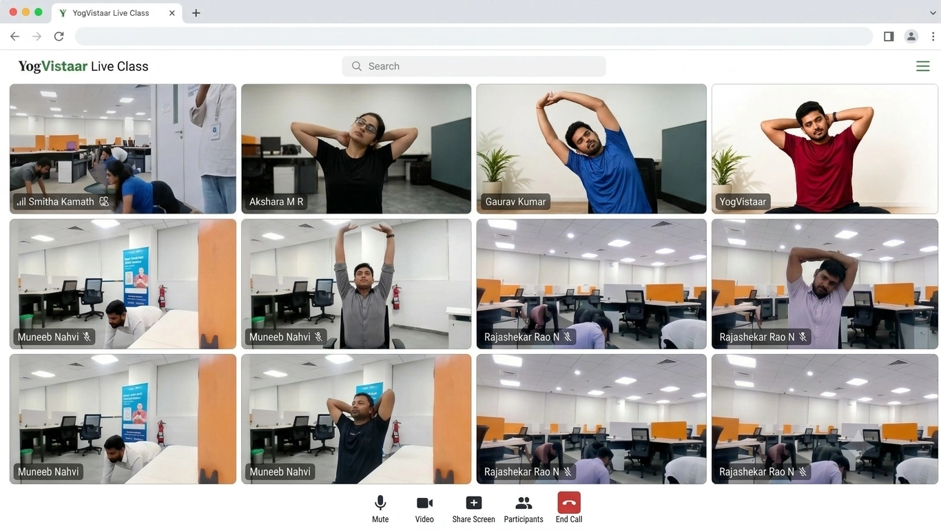 Interactive Live Online Corporate Yoga Class and Virtual Wellness Session by Yogvistaar