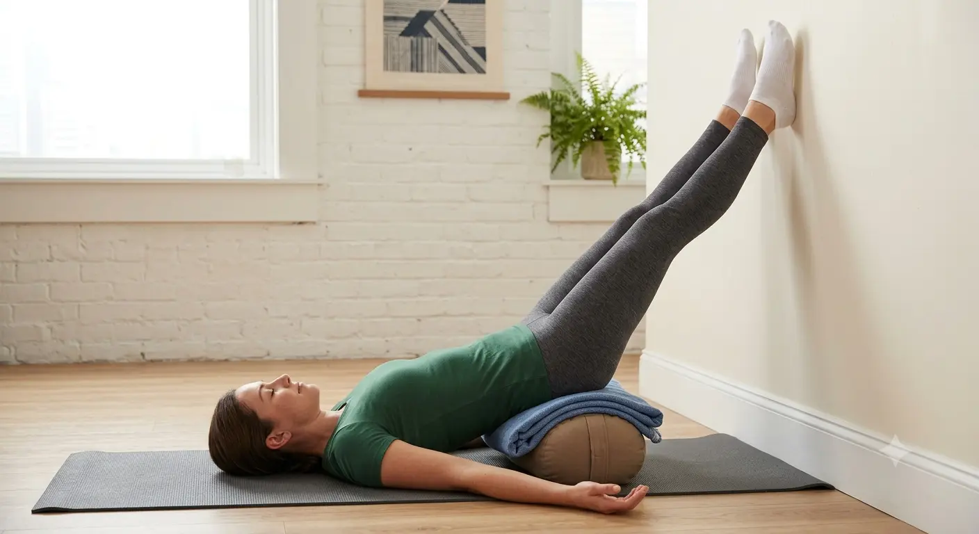 Woman practicing Legs-Up-The-Wall pose (Viparita Karani) with bolster support for sleep relief